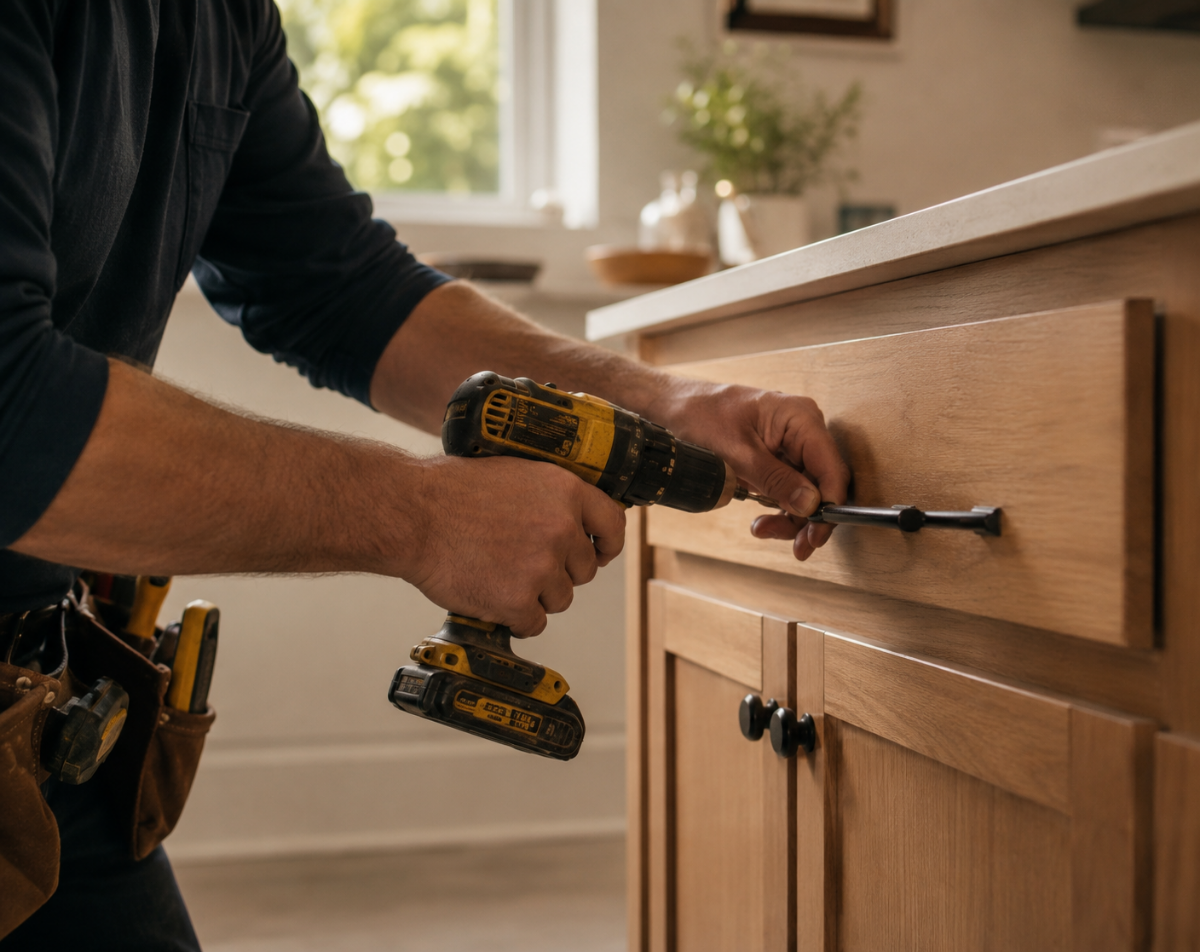 Handy Helpers technician fitting cabinet hardware in a Los Angeles kitchen